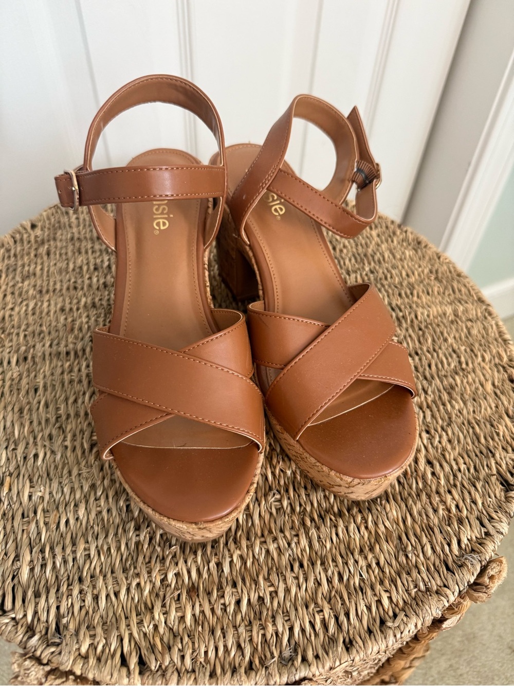 Kensie Cognac Brown Crisscross Wedge Platform Sandals